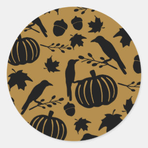 Sticker Rond Automne Or Jaune Orange Noir Corbeau Citrouille