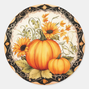 Sticker Rond Automne Orange Citrouille Floral