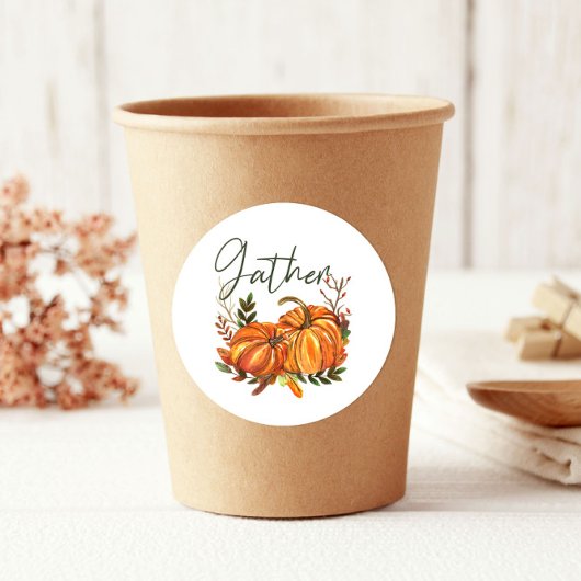 Sticker Rond Automne Orange Citrouille Leaf Rassembler Thankgiv