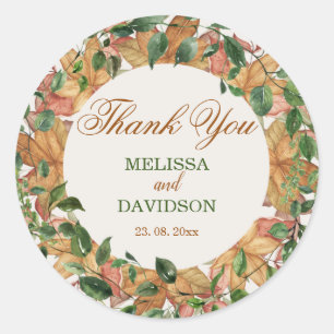 Sticker Rond Automne Rustique Orange Verdure Aquarelle Mariage