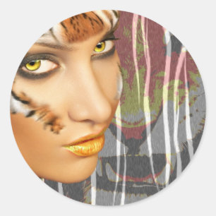 Sticker Rond Autres Tiger Female Thérienne art, maquillage éton