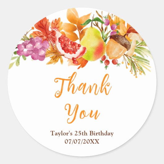 Sticker Rond Autumn Fall Harvest Birthday Party Thank You (Devant)