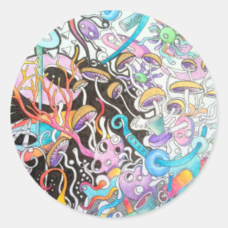 Sticker rond aux champignons magiques