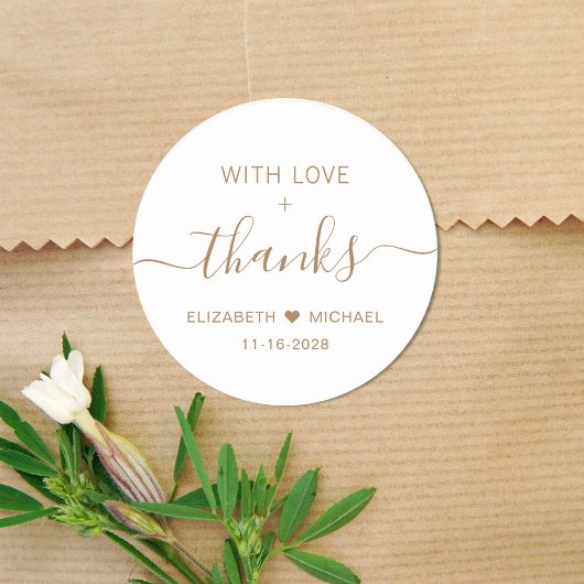 Sticker Rond Avec amour écriture dorée Mariage Merci