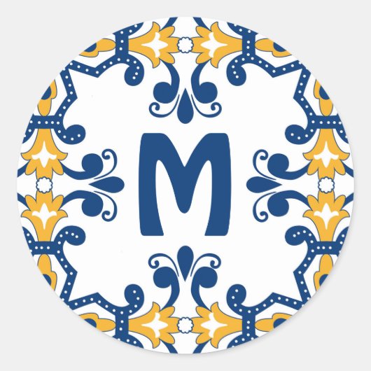Sticker Rond Avec 💛 initial 💙 bleu et jaune Azulejos (Devant)