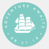 Sticker Rond Aventure Attend | Navire Turquoise et Blanc (Devant)