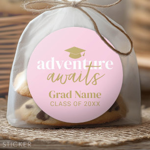 Sticker Rond Aventure Await - Grand Nom et Casquette - Or rose