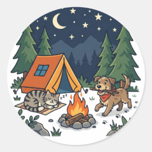 Sticker Rond Aventure de camping avec chien et chat