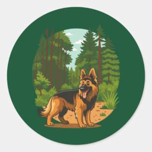 Sticker Rond Aventure de chien berger allemand en forêt