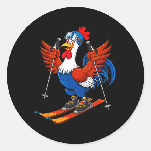 Sticker Rond Aventure de dessin animé de coq drôle de ski (Devant)