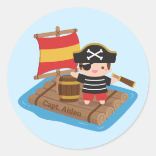 Sticker Rond Aventure de pirate de garçon mignon personnalisée