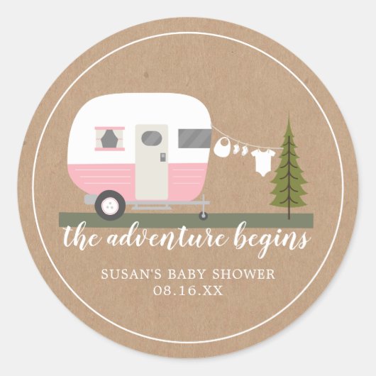 Sticker Rond Aventure Retro Camper Trailer Baby shower rose (Devant)