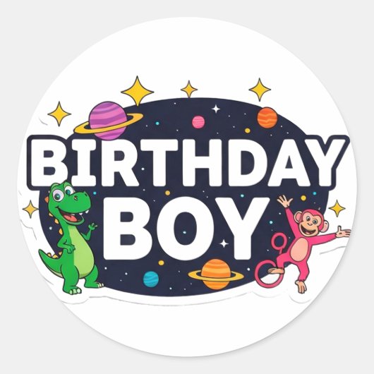 Sticker Rond Aventure spatiale du garçon d'anniversaire (Devant)