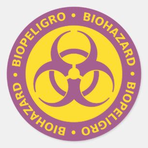 Sticker Rond Avertissement de risque biologique bilingue pourpr