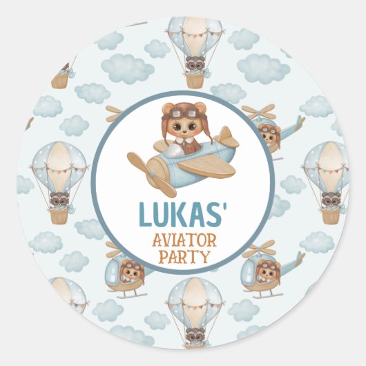 Sticker Rond Aviator Party Bear Pastel Blue Birthday Clas (Devant)