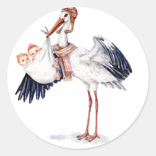 Sticker Rond Aviator Stork transportant des jumeaux (Devant)