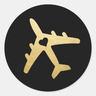 Sticker Rond Avion à coeur en or noir Thème de voyage Favori