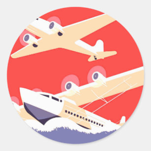 Sticker Rond Avion en vol vintage WPA coloré