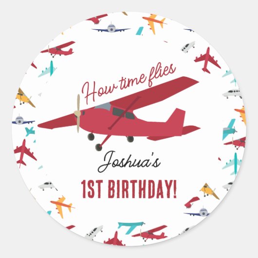 Sticker Rond Avion Enfants 1er anniversaire Fête heure vols (Devant)
