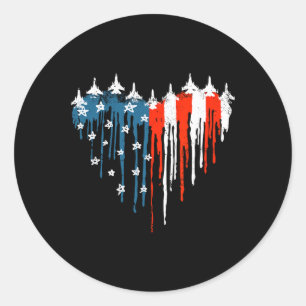 Sticker Rond Avion Jet Coeur Rouge Blanc Bleu Américain Drapeau
