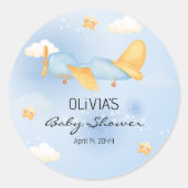 Sticker Rond Avion, Nuages & Etoiles, Bleu, Bébé garçon, mignon (Devant)