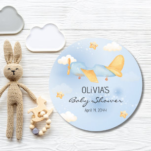 Sticker Rond Avion, Nuages & Étoiles, Bleu, Petit Garçon, Migno