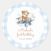 Sticker Rond Avion Teddy Bear Bleu 1er anniversaire (Devant)
