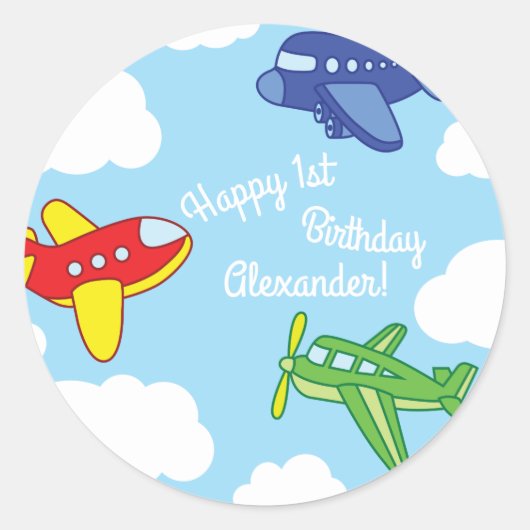 Sticker Rond Avions et Jets mignons 1ère fête d'anniversaire (Devant)