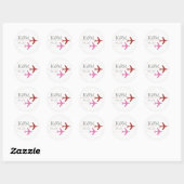 Sticker Rond avions roses et rouges sur blanc + initiales, voya (Feuille)