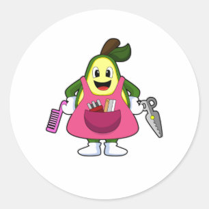 Sticker Rond Avocado en coiffeur avec ciseaux et comb