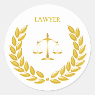Sticker Rond Avocat des balances dorées de la justice sur fond