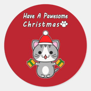 Sticker Rond Avoir un Noël Pawesome - Chat Gris Tabby