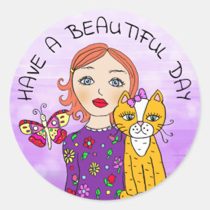 Sticker Rond Avoir une belle journée Whimsical Folk Art Girl