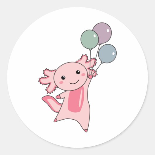 Sticker Rond Axolotl Mouches D'Animal Douce Avec Ballons Vers L (Devant)