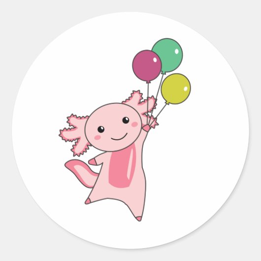 Sticker Rond Axolotl Mouches D'Animal Douce Avec Ballons Vers L (Devant)