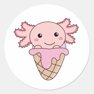 Sticker Rond Axolotl rose crème glacée gaufre Animaux doux Clas