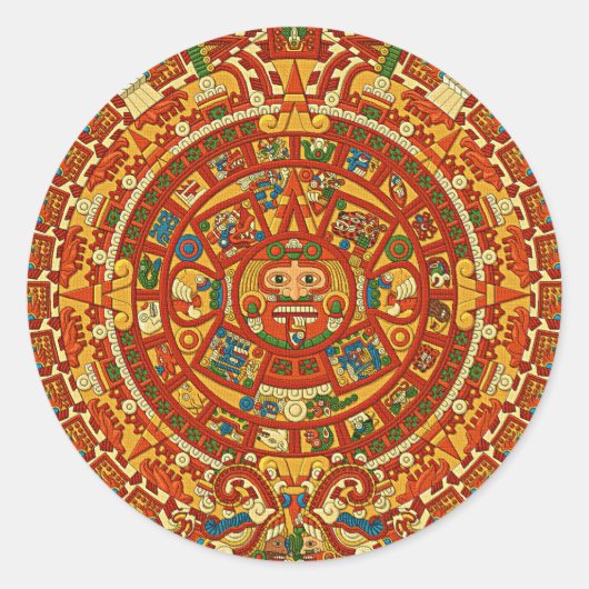 Sticker Rond Aztec Calendar Stone ou Sun Stone du Mexique. (Devant)