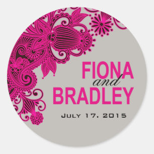 Sticker Rond Aztec Paisley - gris fuschia