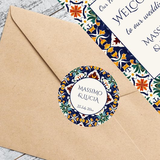 Sticker Rond Azulejo bleu portugais mariage méditerranéen