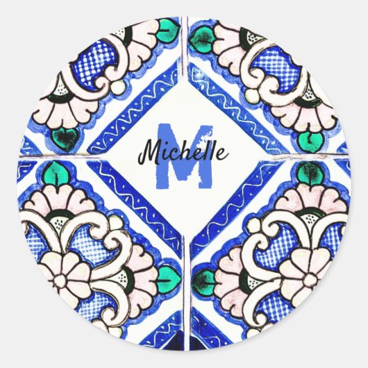 Sticker Rond Azulejo Motif espagnol Carreaux marine Monogramme  (Devant)
