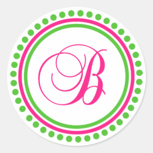 Sticker Rond B Monogramme (rose chaud/cercle vert à points)