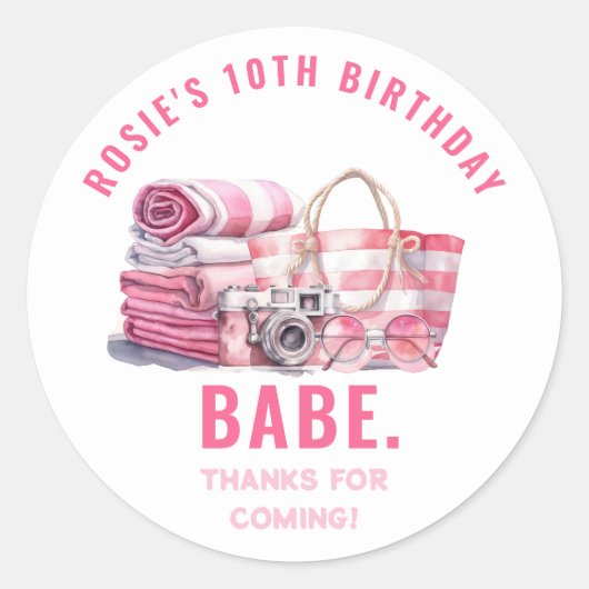 Sticker Rond BABE Pink Pool Party Fille Anniversaire Merci (Devant)