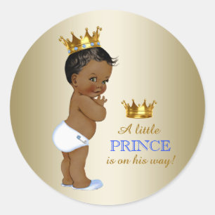 Sticker Rond Baby Blue et Or Ethnique Fête de Naissance Prince