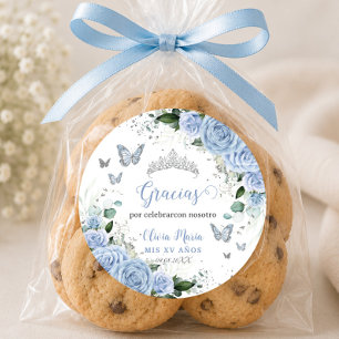 Sticker Rond Baby Blue Floral Papillons Quinceañera Sweet 16