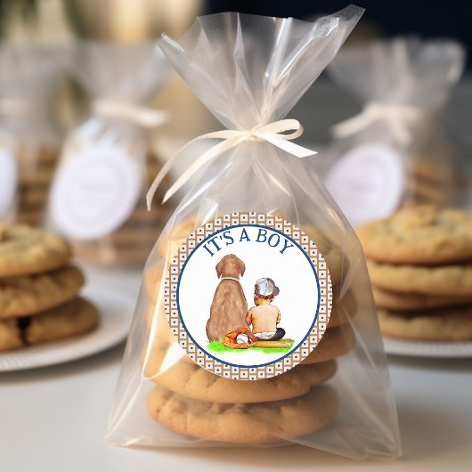 Sticker Rond Baby Boy and Dog Baseball Baby shower à thème