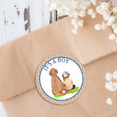 Sticker Rond Baby Boy and Dog Baseball Baby shower à thème