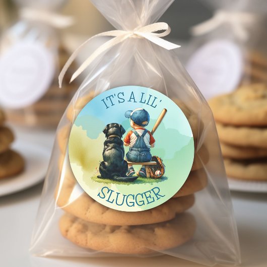 Sticker Rond Baby Boy and Dog | Lil Slugger | Baby shower