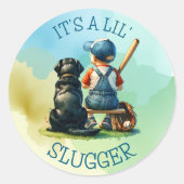 Sticker Rond Baby Boy and Dog | Lil Slugger | Baby shower (Devant)