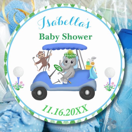 Sticker Rond Baby Boy Elephant & Monkey Golf Baby shower Retour