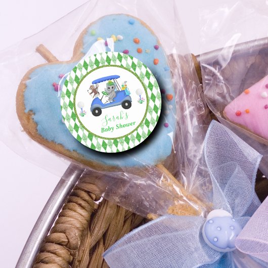 Sticker Rond Baby Boy Elephant & Monkey Golf Baby shower Retour